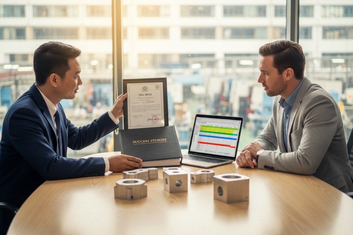 Project manager discussing high-mix low-volume CNC production strategies with a business team (ID#2)