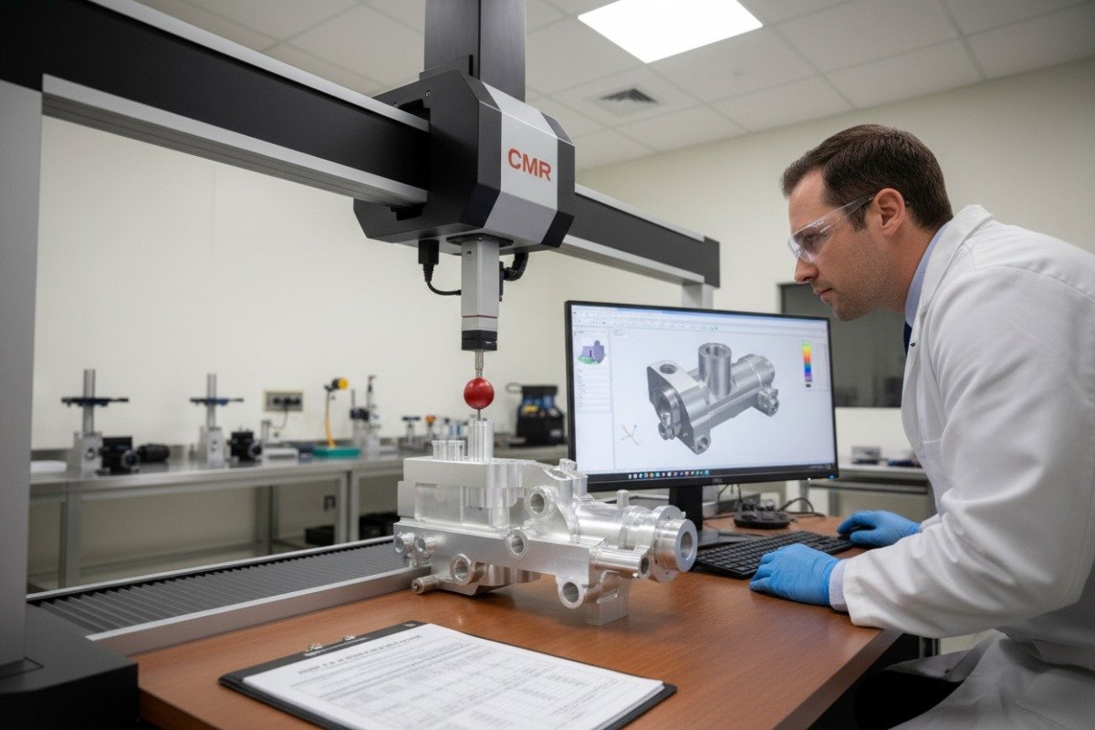 Verifying Aluminum Part Tolerances CMM inspection equipment verifying tight tolerances and quality for precision aluminum components (ID#3)