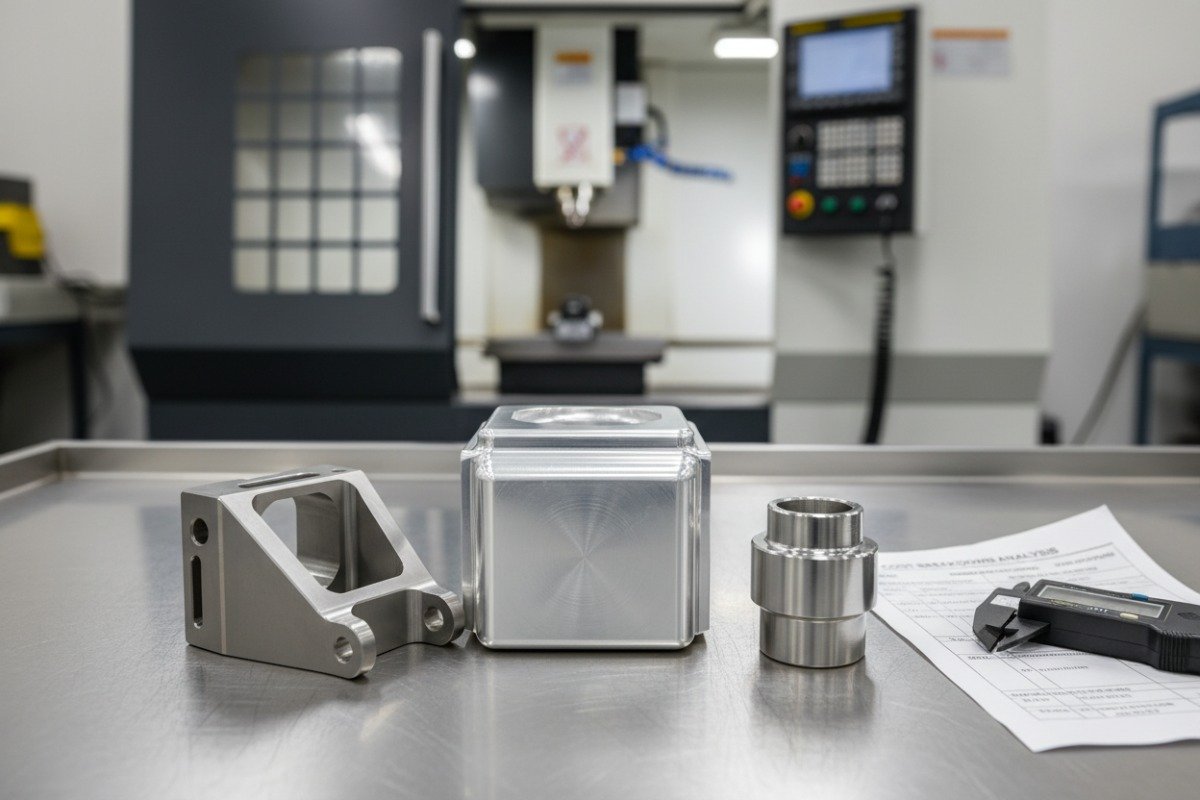 High detail milled components showing various surface finishes and complex geometries for cost evaluation (ID#3)