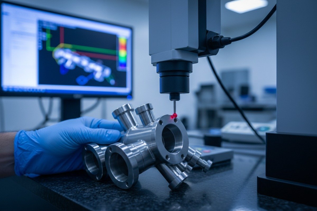 Ensuring Component Quality Standards Quality control inspection using a CMM probe to meet specific technical standards (ID#3)