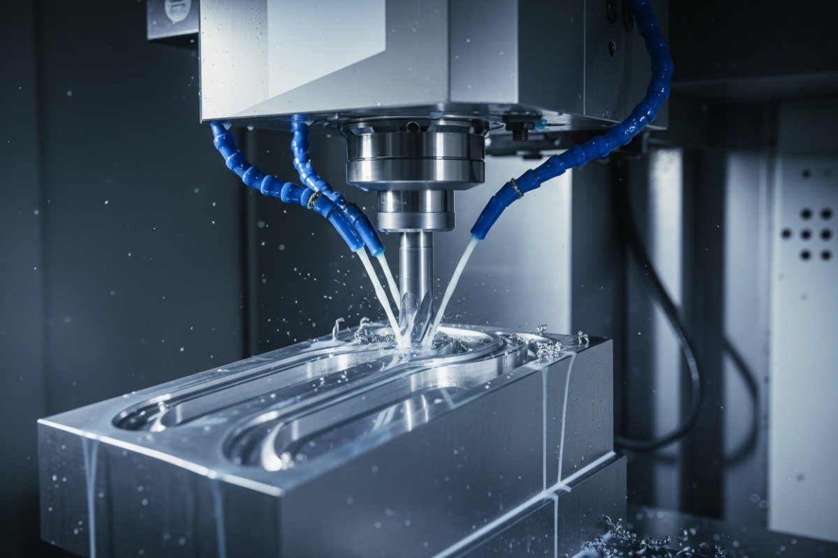 CNC Machining Technical Capabilities Close-up of a multi-axis CNC milling machine tool handling complex custom part designs (ID#3)