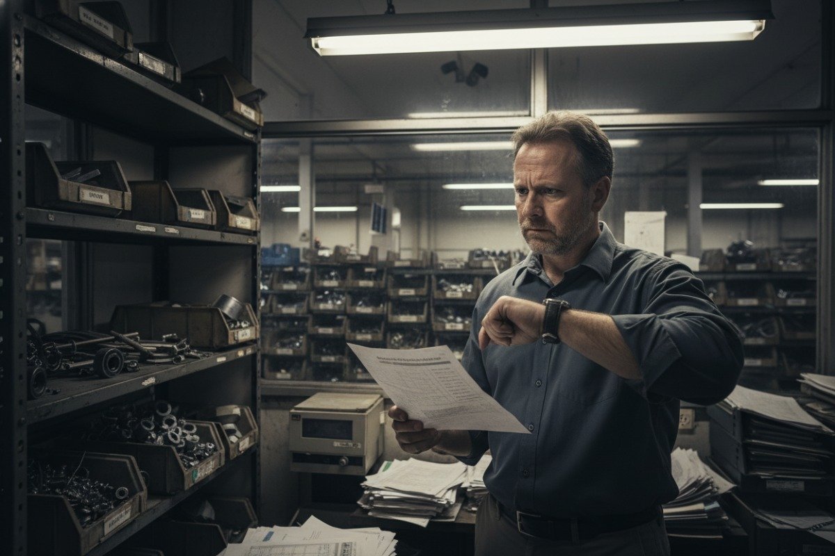 Factory manager reviewing documented procedures to identify red flags during a manufacturer audit (ID#3)