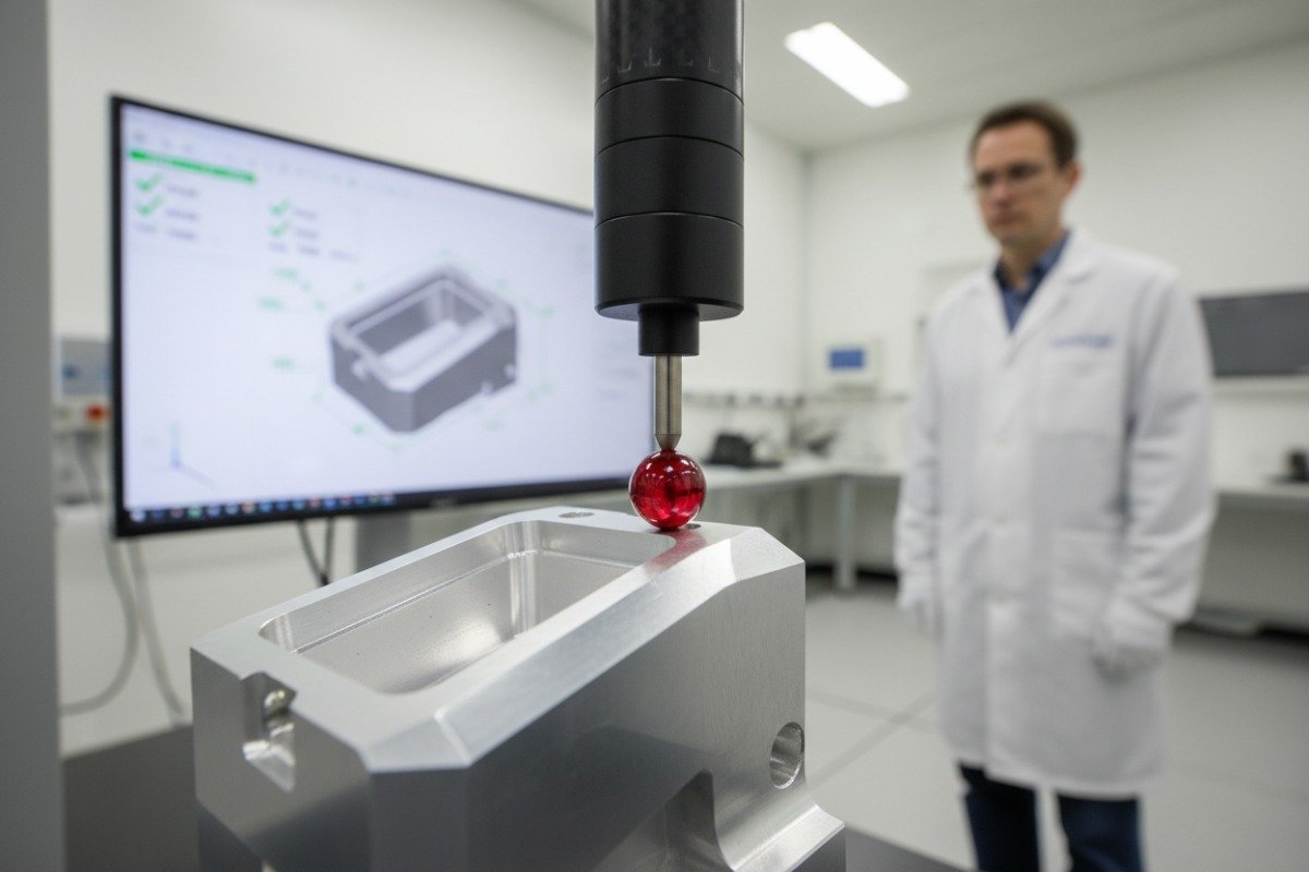 Close-up of a precision measuring probe performing CMM inspection on high-tolerance CNC parts (ID#3)