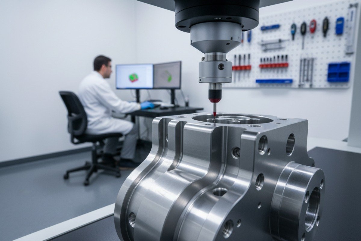 Precision measuring probe performing CMM inspection for quality control in small batch production (ID#3)