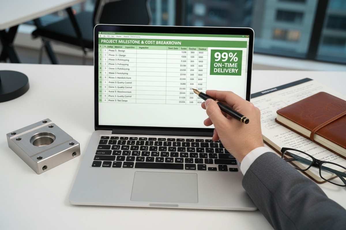 Professional laptop displaying detailed project milestones and budget breakdown for CNC machining (ID#3)