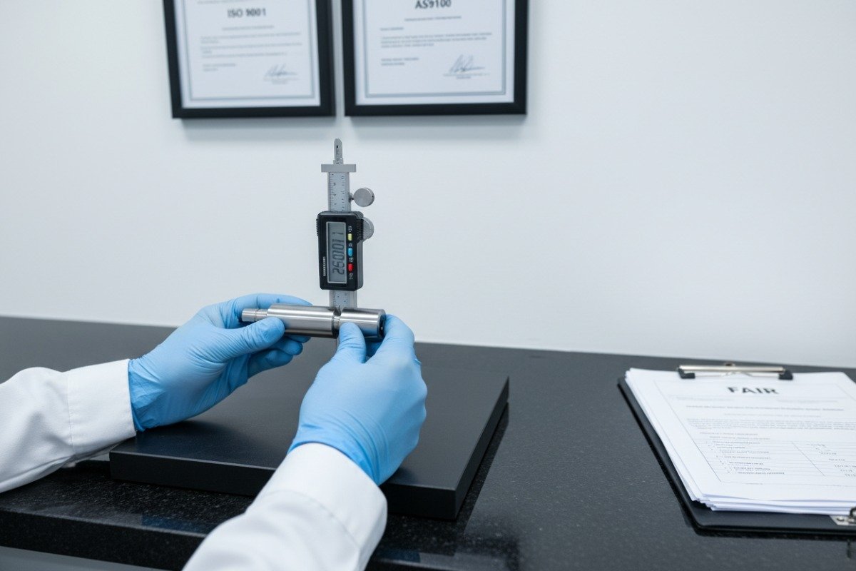 Digital quality control station verifying precision manufacturing certifications and quality management standards (ID#3)