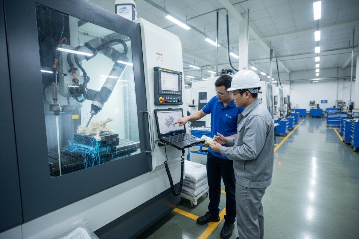 Technical engineers reviewing CNC machine capabilities to match specific manufacturing design requirements (ID#3)