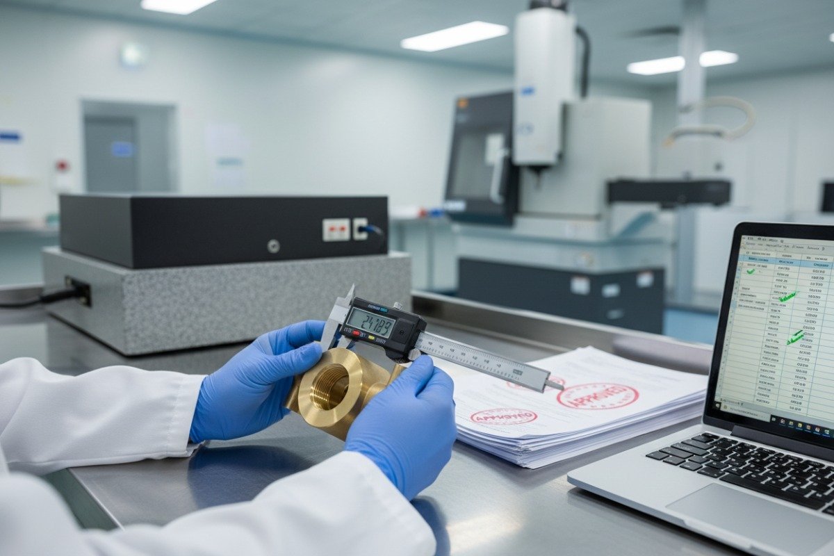 Quality Control Standards Technician using digital caliper for quality control inspection of custom components in climate-controlled facility (ID#3)