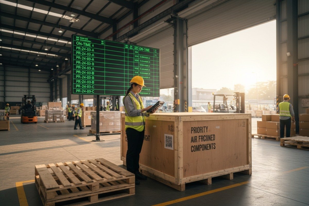 Evaluating Production Lead Times Orderly shipping bay in a modern factory ensuring consistent production deadlines and lead times (ID#4)