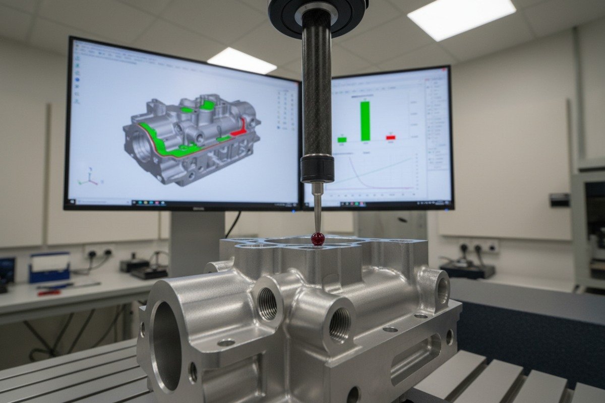 Sophisticated CMM probe measuring a complex part to verify tight tolerances and design requirements (ID#4)