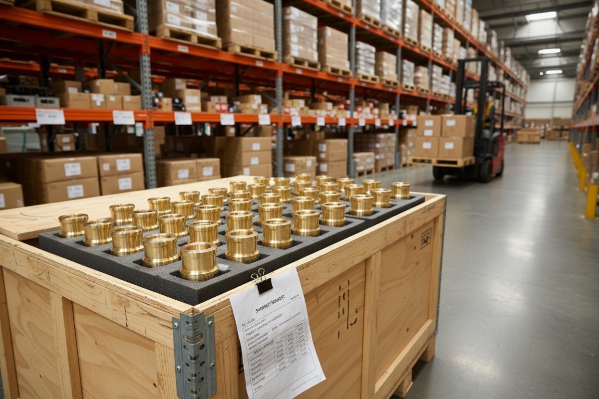 Balancing Cost and Precision Crate of precision brass parts showing cost-efficiency and logistics for production orders (ID#4)