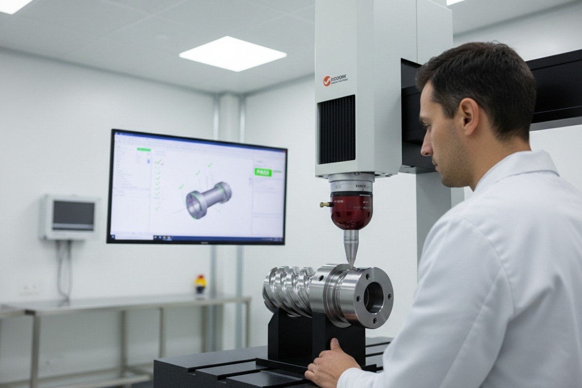 Quality control technician using a CMM to ensure dimensional accuracy of turned parts (ID#4)