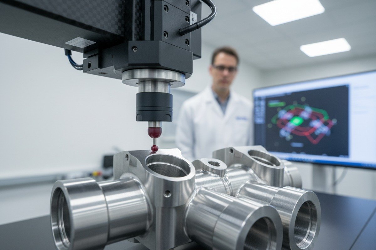Ruby-tipped CMM probe measuring stainless steel components to maintain tight machining tolerances (ID#4)