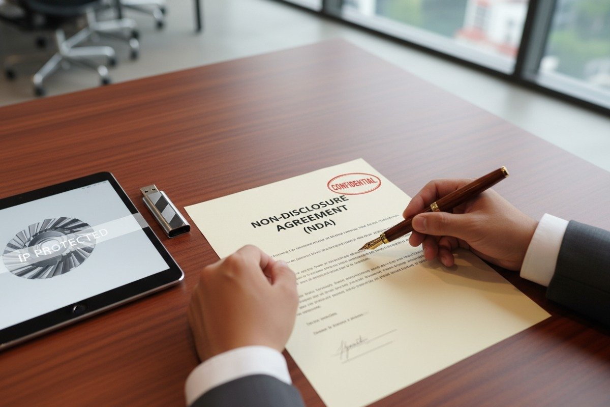 Legal documents and USB drive representing intellectual property protection in bespoke manufacturing (ID#4)