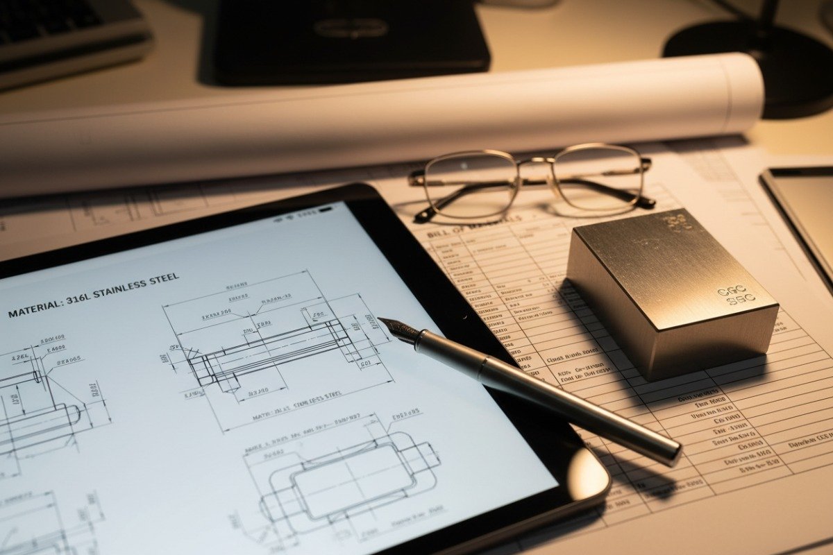 Tablet displaying detailed engineering drawings and CAD files for build to print quoting (ID#4)