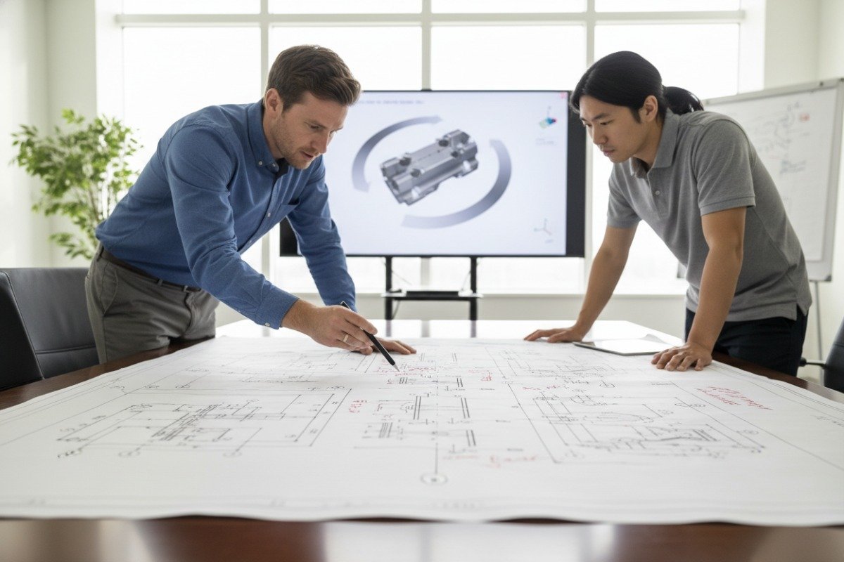 Technical Drawing Review Engineers conducting collaborative review of technical drawings and specifications for accurate manufacturing interpretation (ID#4)