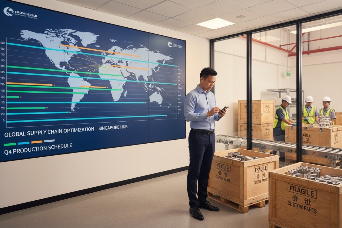 Managing Production Risks Project manager in modern logistics office managing lead times and production risks for custom orders (ID#5)
