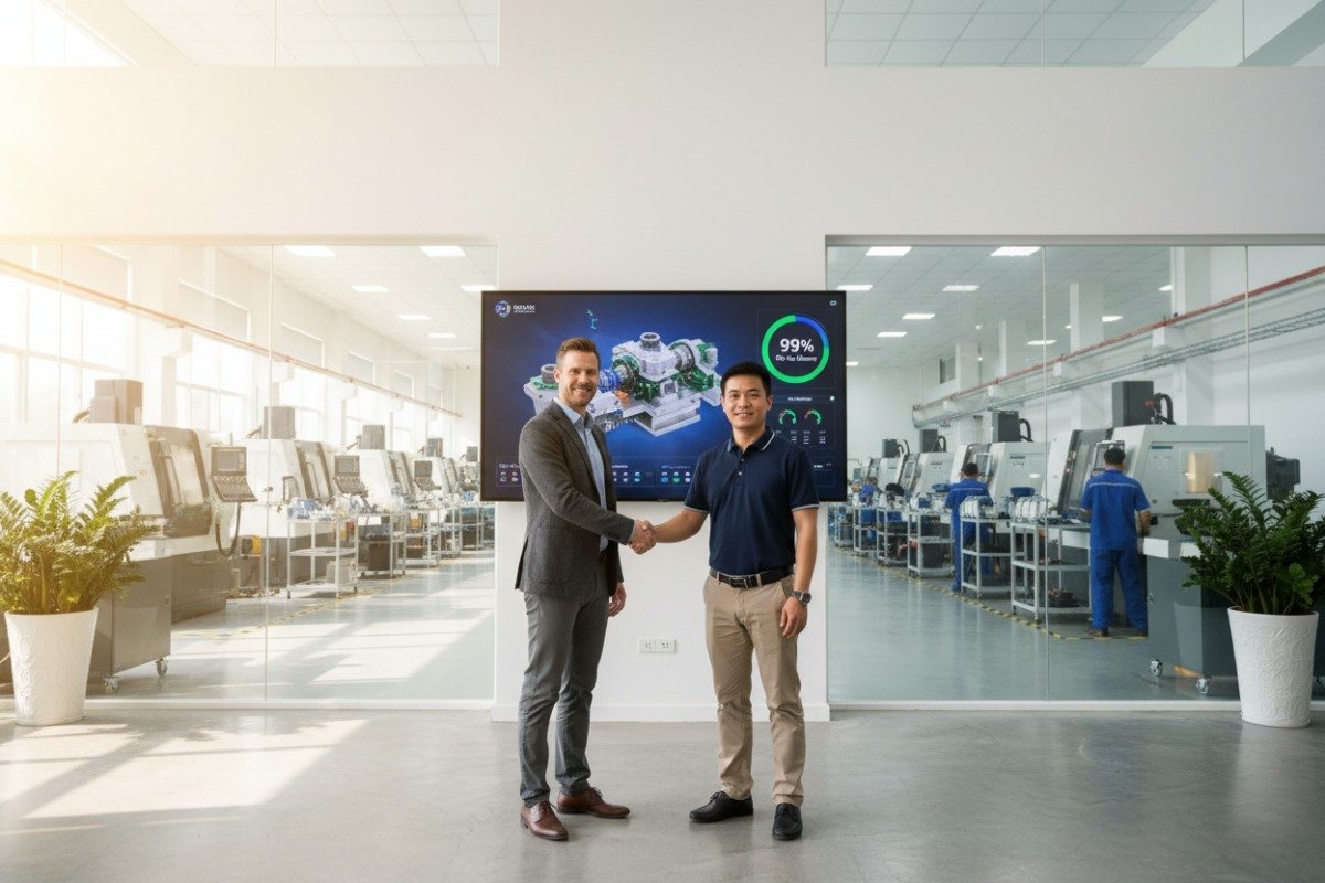 Long-Term Machining Partnership Modern professional factory lobby representing a long-term CNC machining partner for business growth (ID#5)