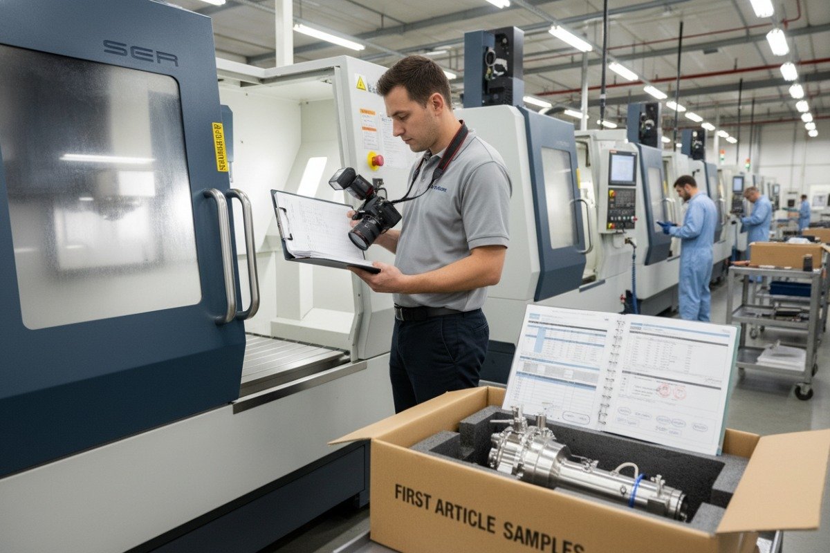 Professional factory audit verifying CNC manufacturer capabilities and inspection reports for custom parts (ID#5)