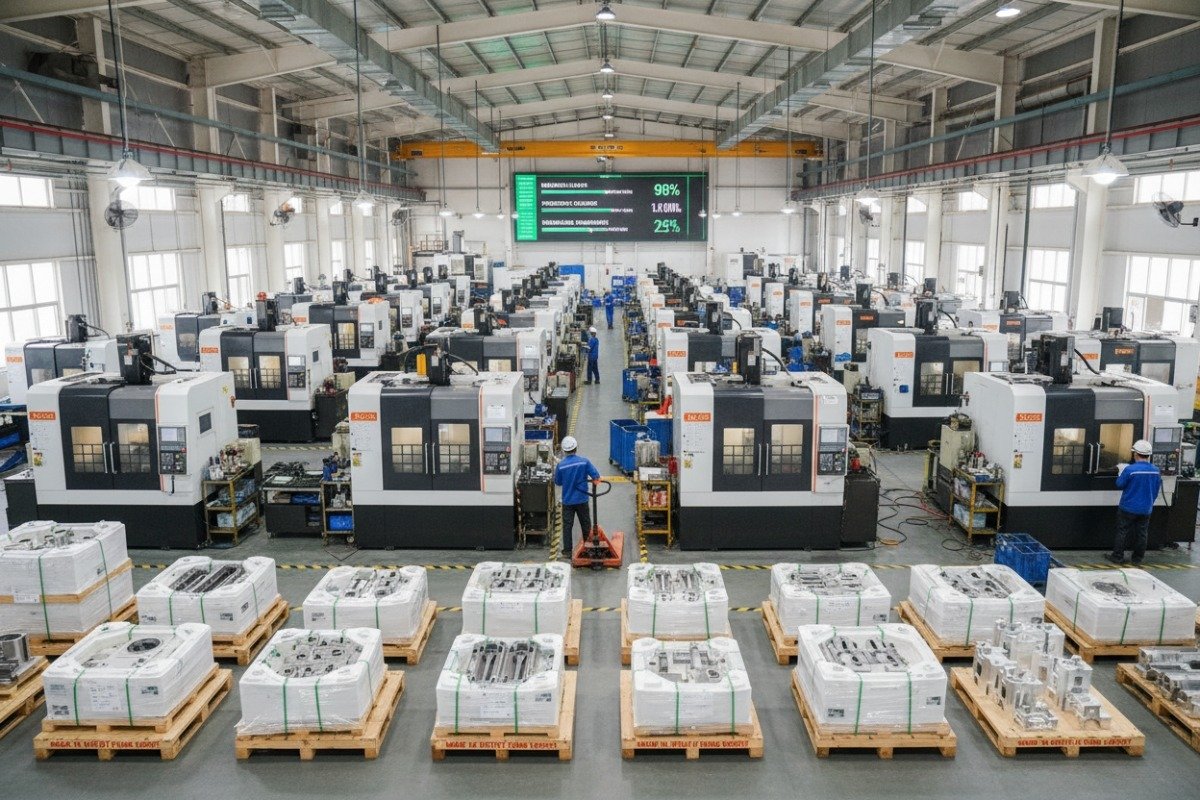 CNC Facility Production Scalability Wide-angle view of a large CNC facility for scalable long-term aluminum production (ID#5)