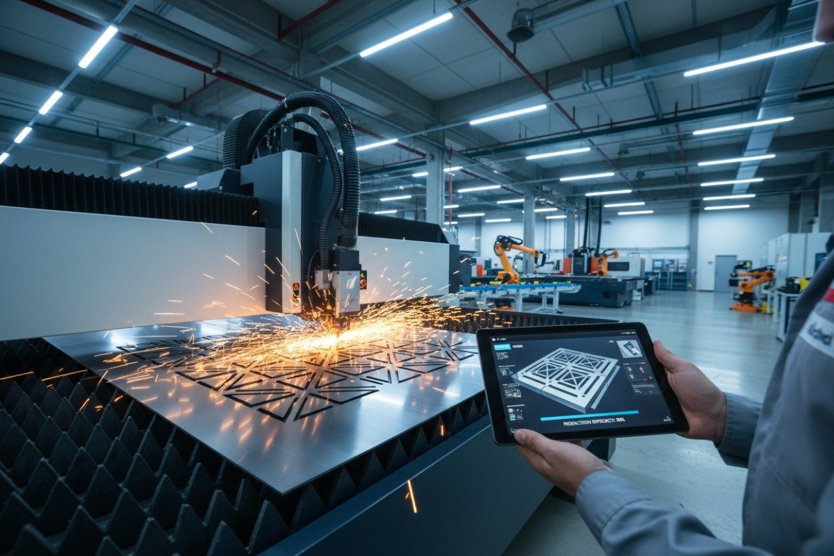 High speed laser machine sparks during production to reduce custom metal fabrication lead times (ID#5)