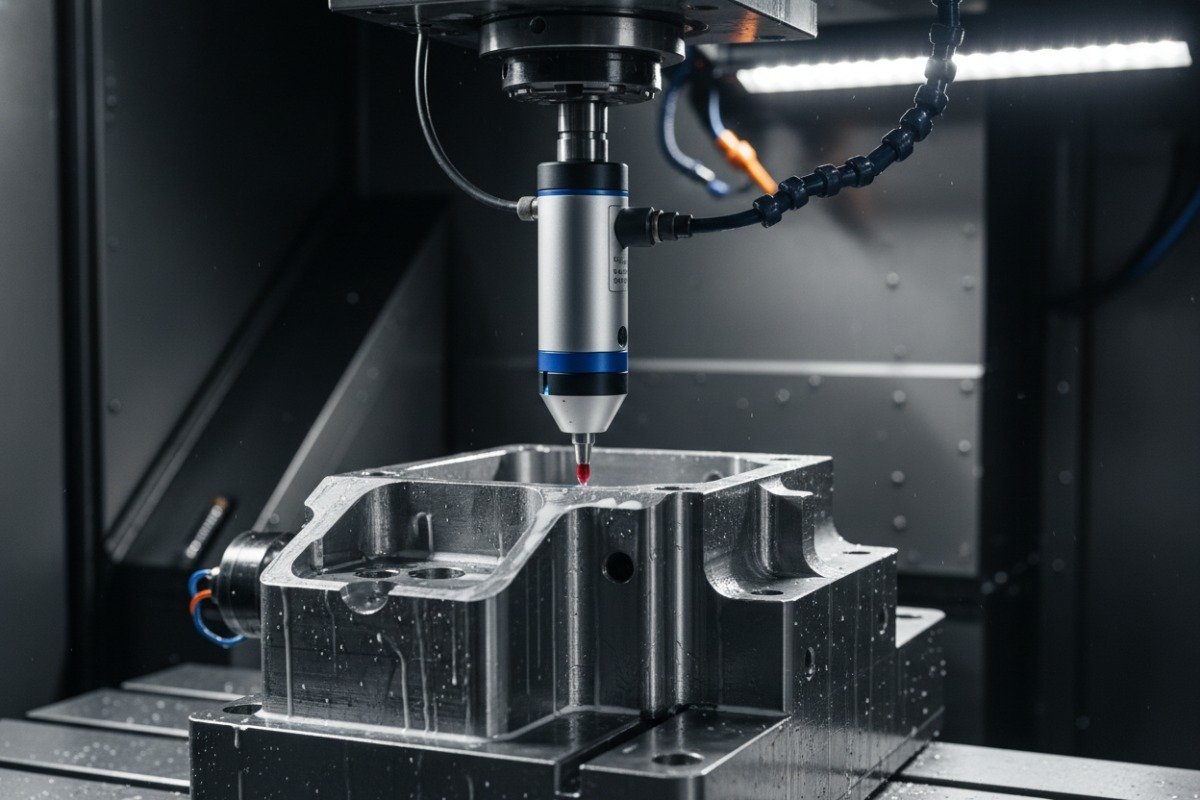 Close-up of a machine probe performing in-process measurement to ensure tight machining tolerances (ID#5)