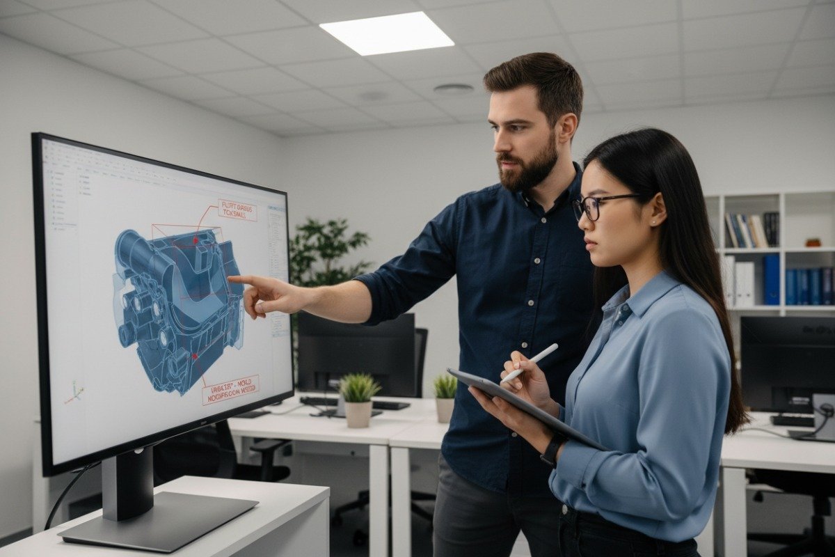 Engineers collaborating on a Design for Manufacturability report in a modern studio (ID#5)