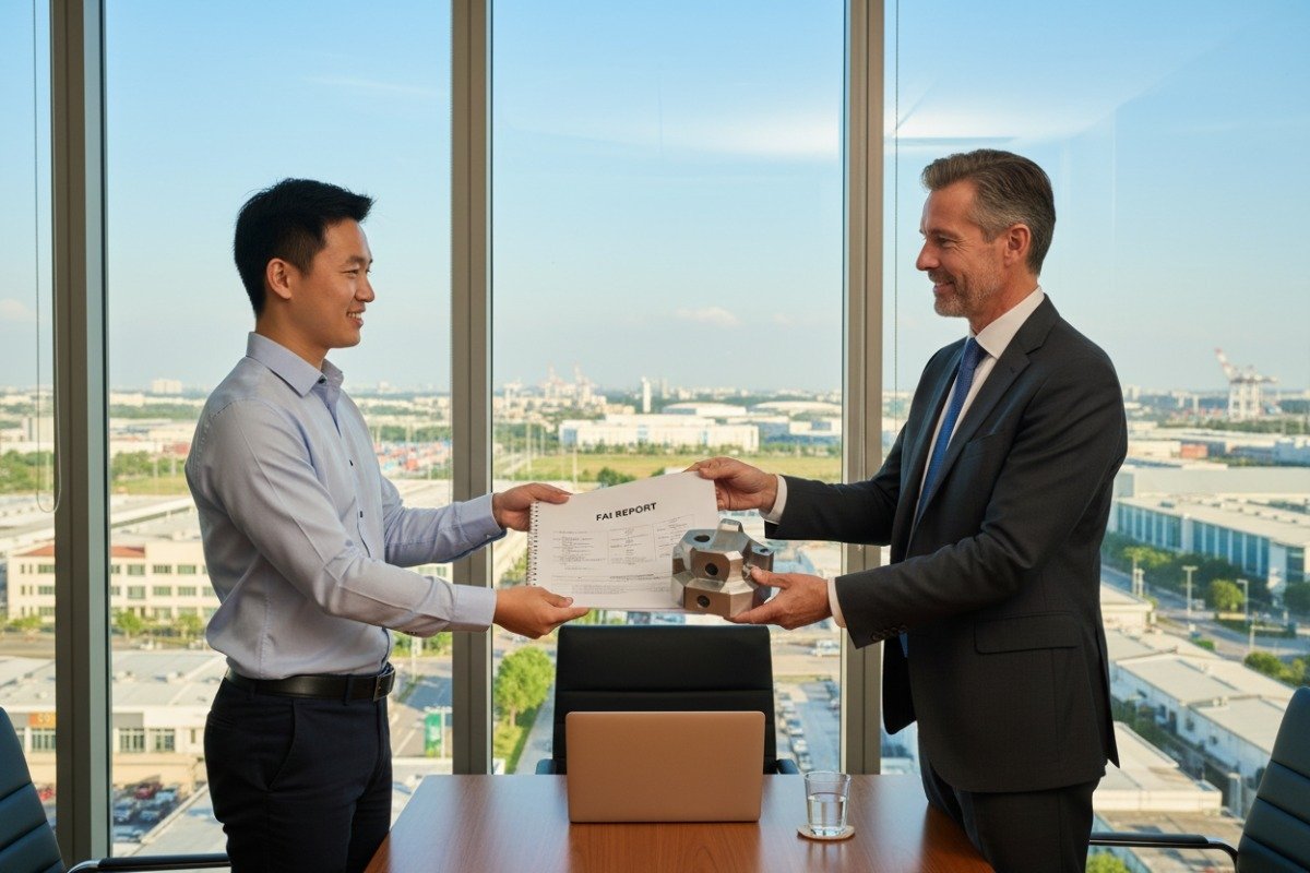 Professional quality control inspection and business meeting for reliable CNC machining partnership (ID#5)