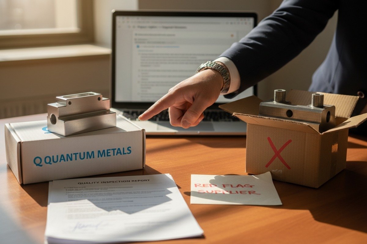 Professional comparing quality parts to identify red flags during the production partner vetting process (ID#5)