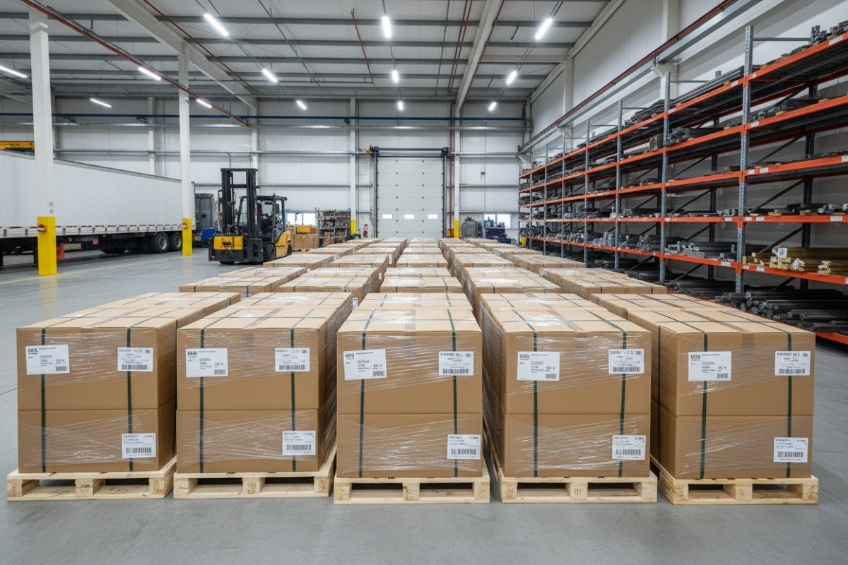 Clean and organized industrial shipping bay for high-volume CNC turning order fulfillment (ID#5)