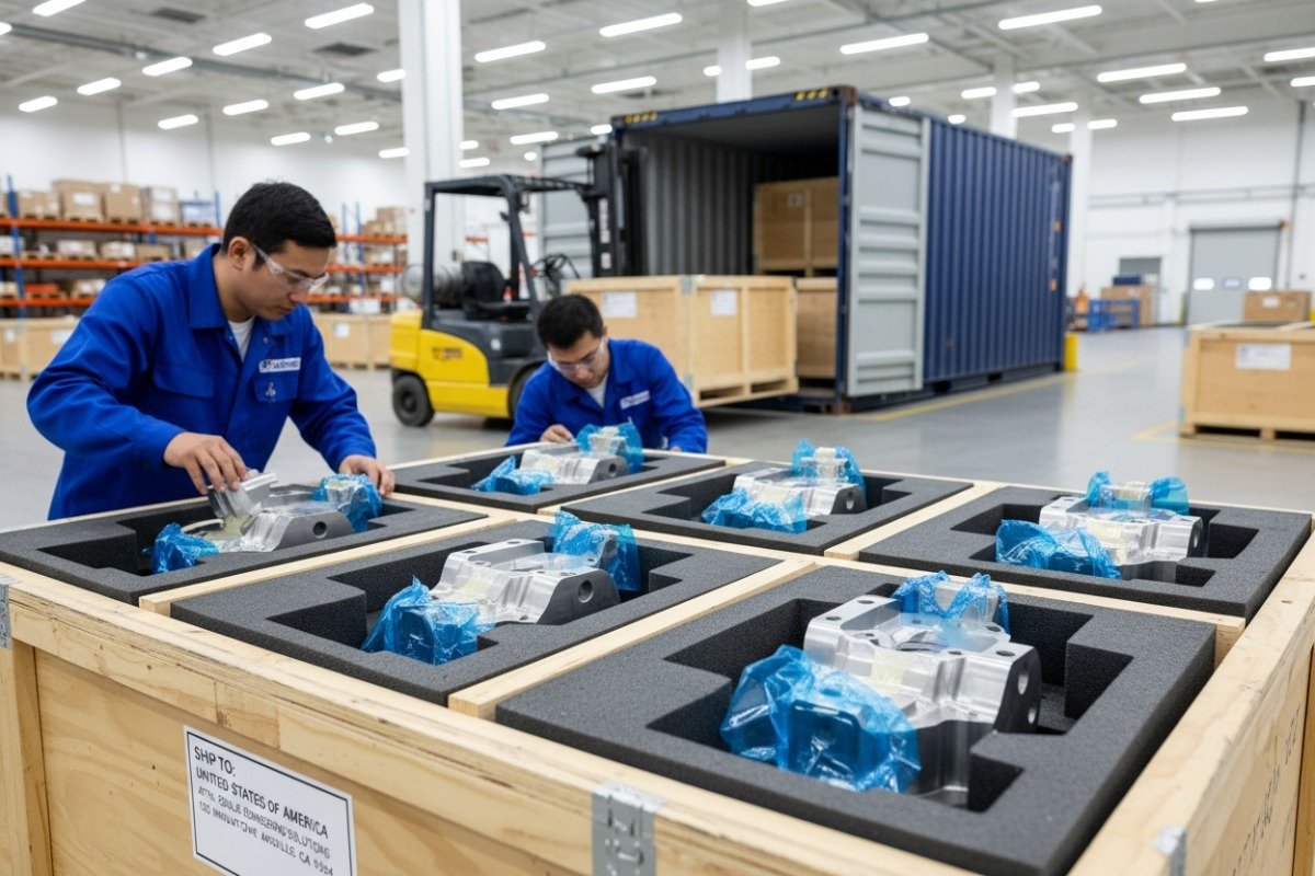 Detailed preparation and secure crate packaging for shipping large CNC machining orders internationally (ID#5)