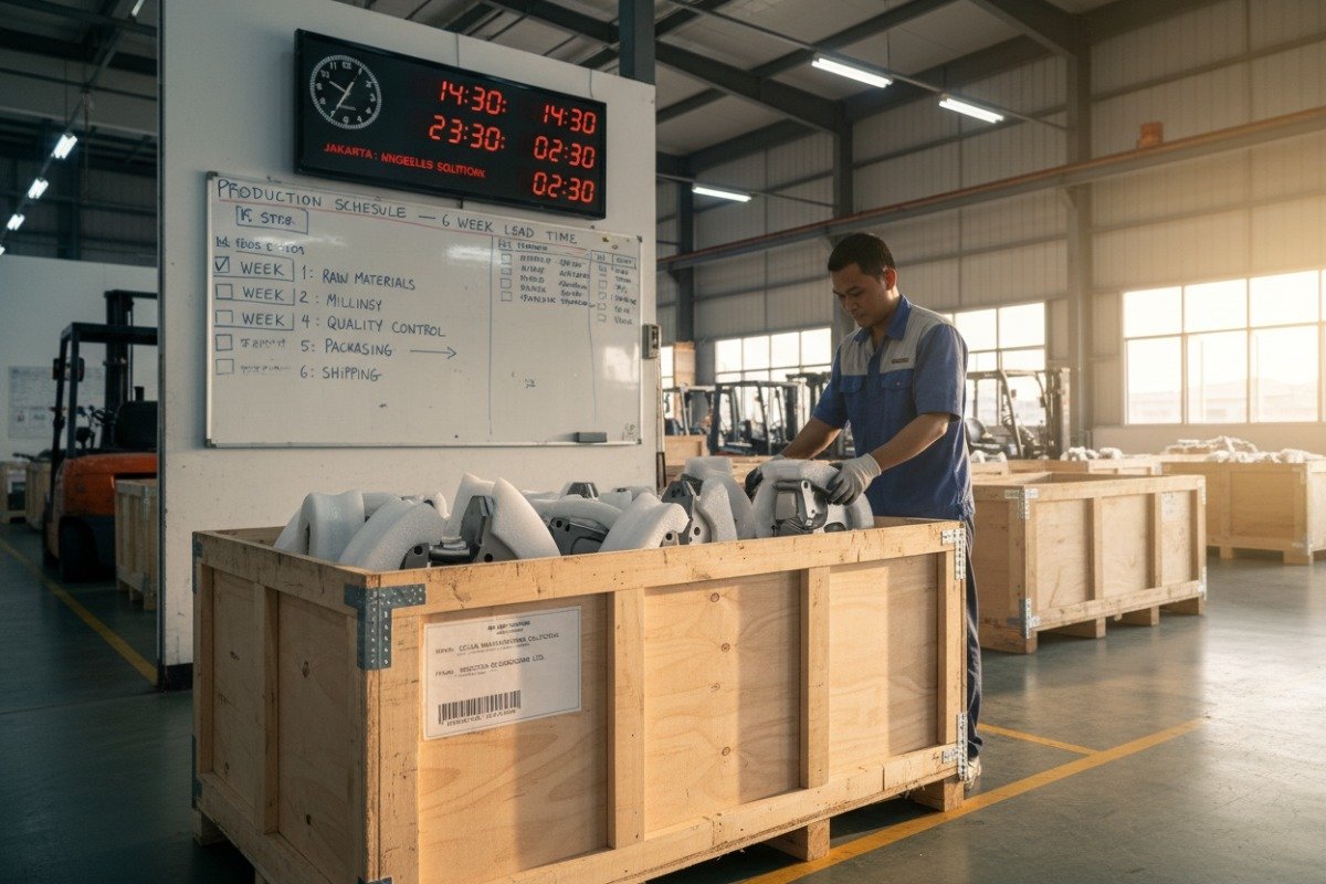 Professional shipping department preparing crates for timely delivery of outsourced CNC milling production runs (ID#5)
