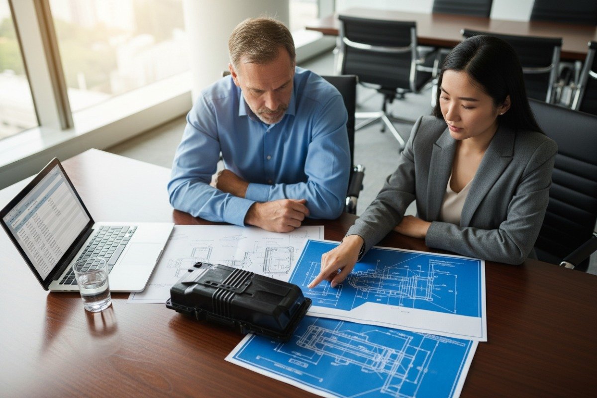 Professional close up of blue plastic parts for selecting a reliable injection molding manufacturer (ID#1)