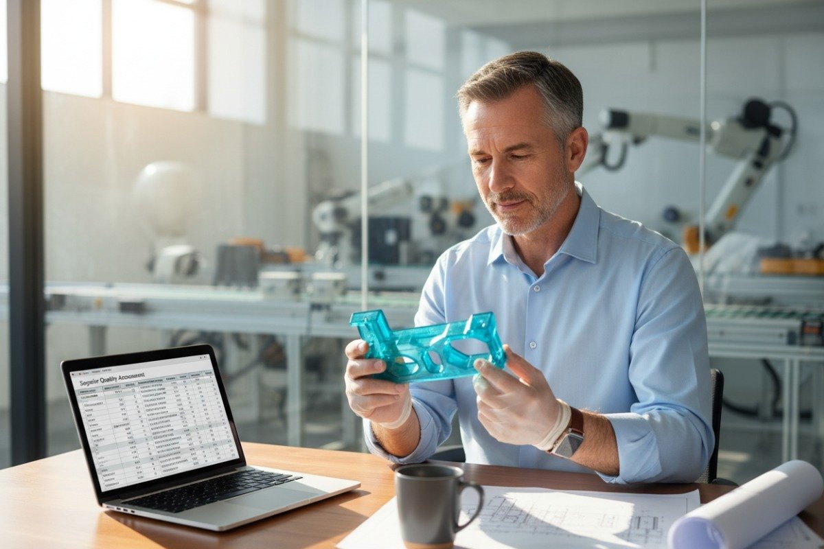Gerente profesional inspeccionando una pieza prototipo de alta calidad para la selección de proveedores de moldeo por inyección (ID#1)