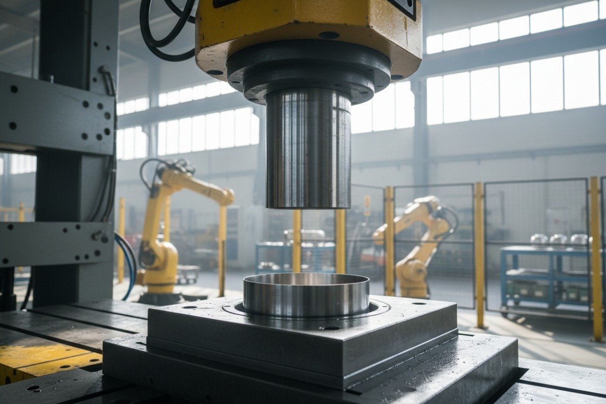 Precision deep draw stamping process transforming sheet metal into seamless hollow industrial components (ID#1)