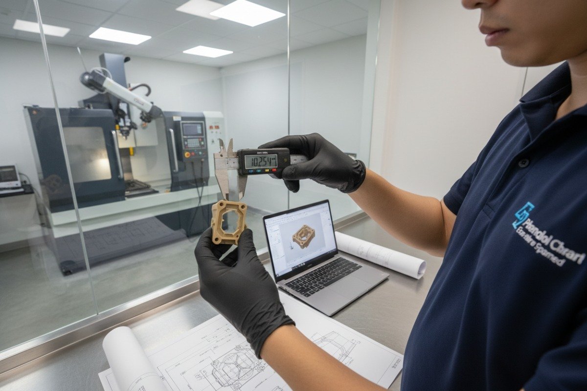 Professional technician inspecting high-precision plastic parts with tight tolerances for quality assurance (ID#1)