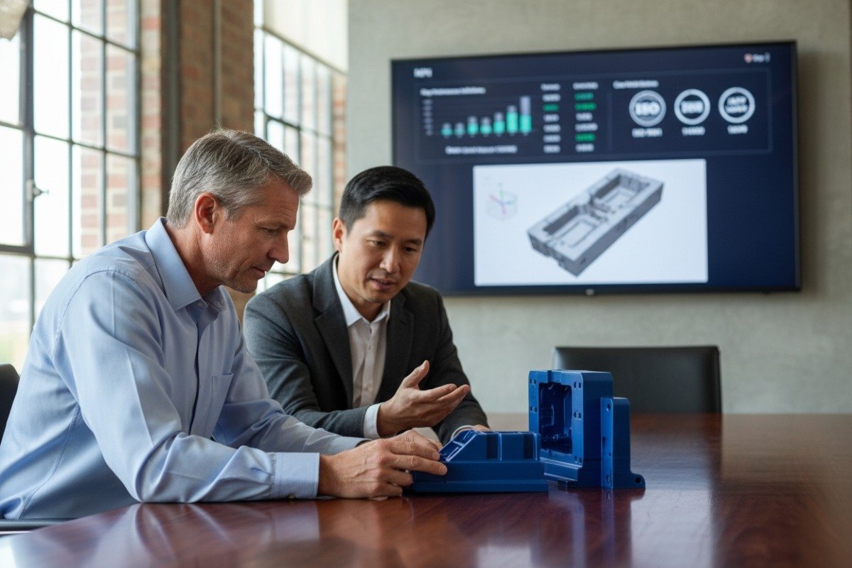 Professional business consultation discussing custom injection molding manufacturer selection and project requirements (ID#1)