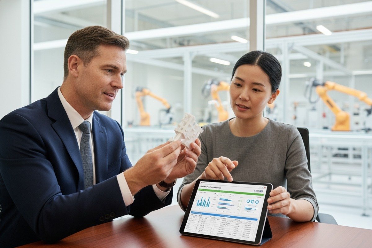 Reunión corporativa profesional discutiendo el volumen y la complejidad del proyecto para la selección de una empresa de moldeo de plástico (ID#1)