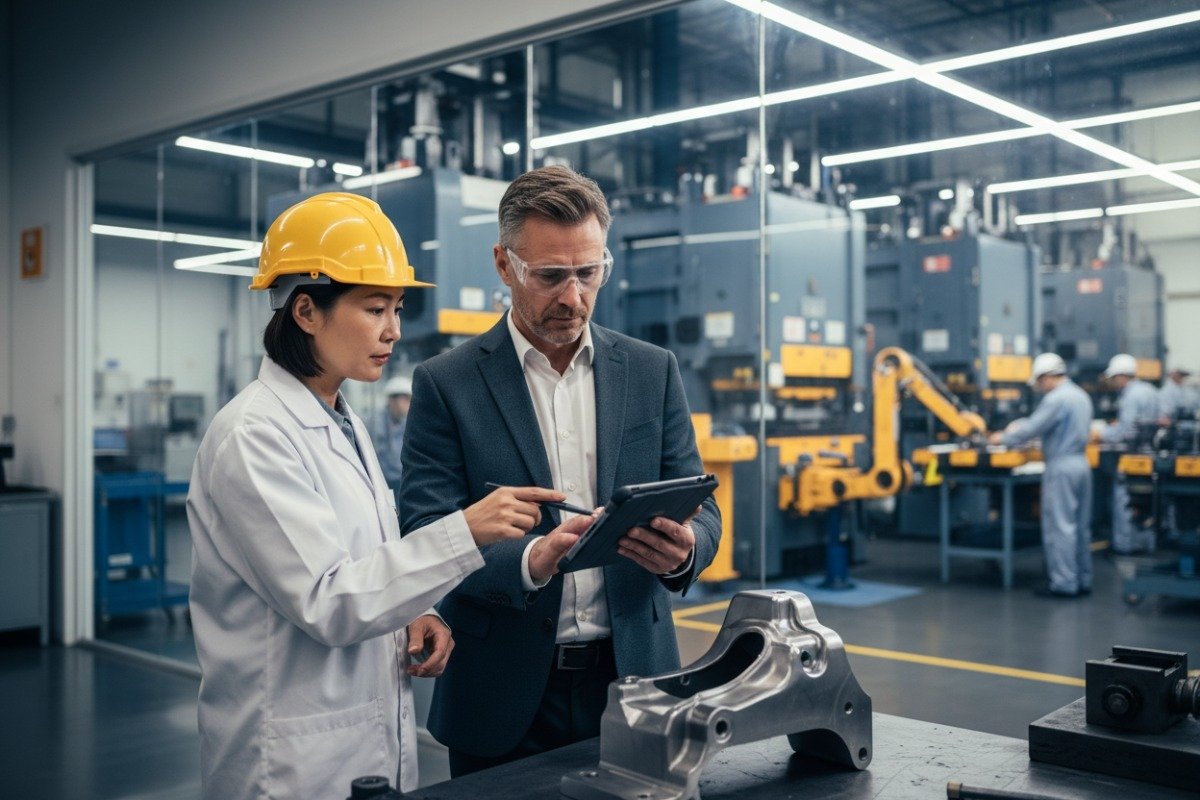 Professional purchasing manager evaluating metal parts to choose the best progressive stamping manufacturer (ID#1)