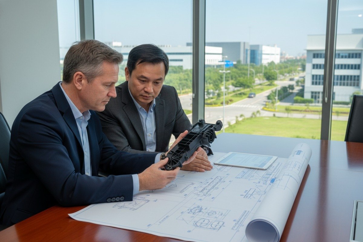 Professional business meeting in Vietnam discussing quality injection molding service standards and supplier vetting (ID#1)