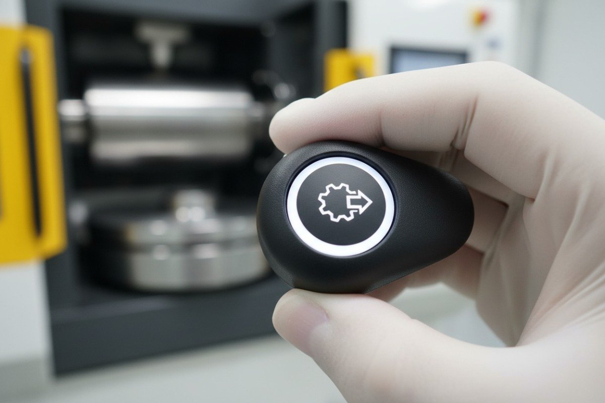 Macro photography of a high-end two shot injection molding component with integrated materials (ID#1)