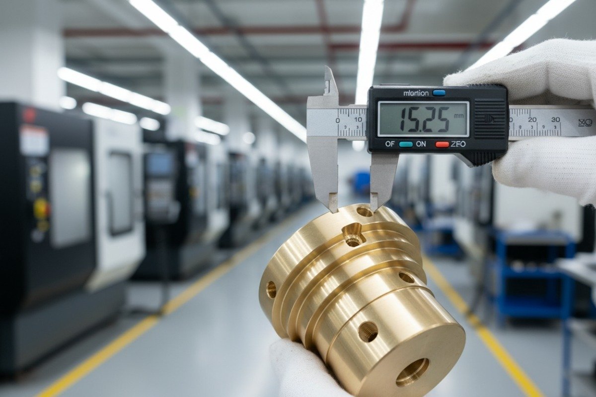 Digital micrometer measuring a precision machined brass component for quality tolerance checks (ID#2)
