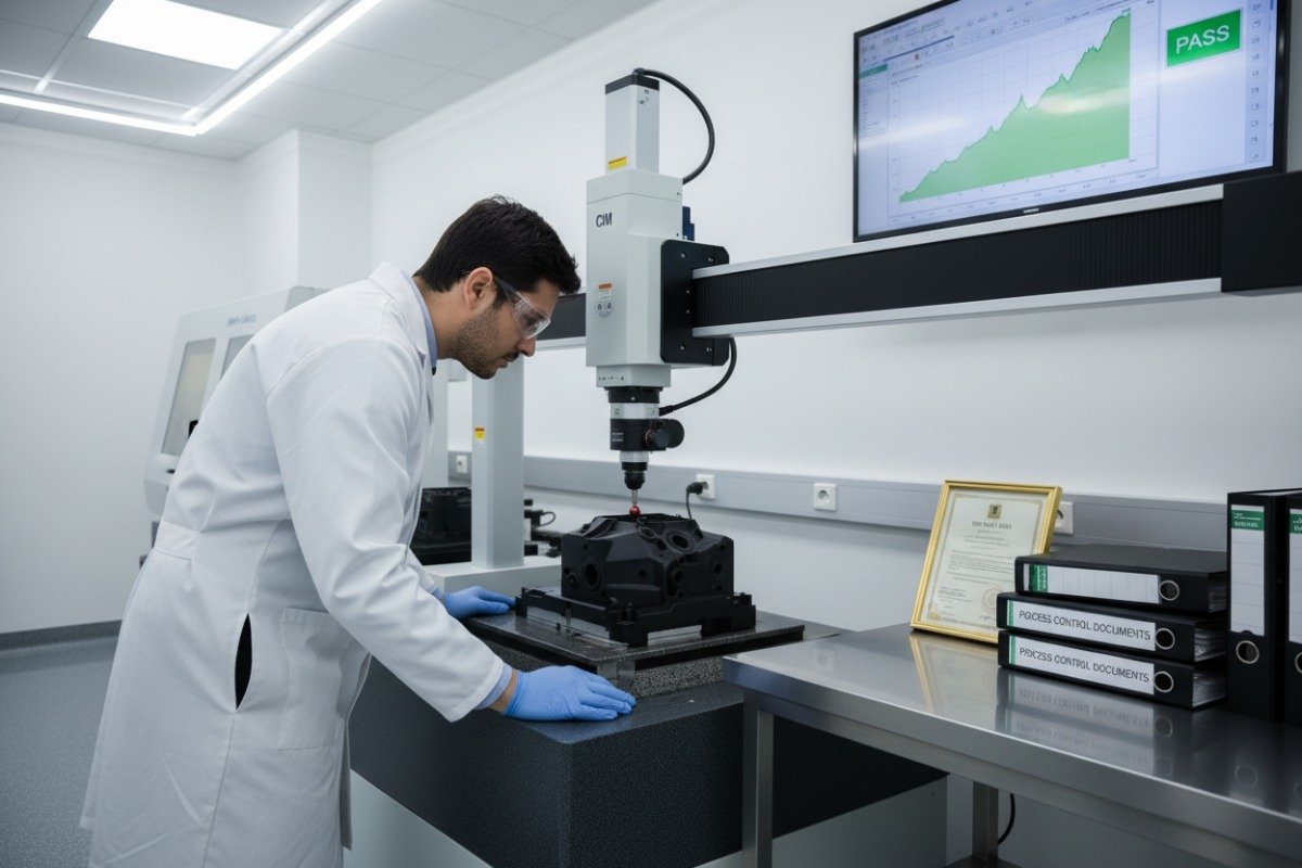 Supplier Quality Evaluation Quality control laboratory monitoring precision injection molding process and supplier reliability standards (ID#2)