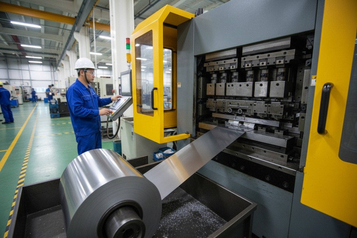 Evaluating Technical Capabilities High-speed industrial metal stamping machine showing technical capabilities and safety features (ID#2)