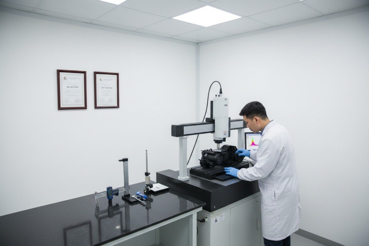 Piezas de plástico de alta calidad en un entorno de laboratorio que representan certificaciones ISO y estándares de calidad (ID#2)