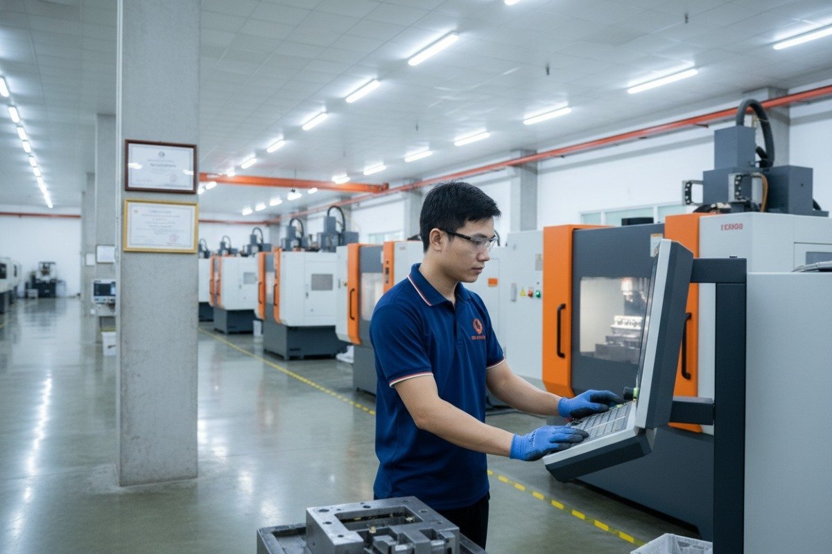 Reliable injection molding technician operating modern equipment at a certified Vietnamese manufacturing facility (ID#2)