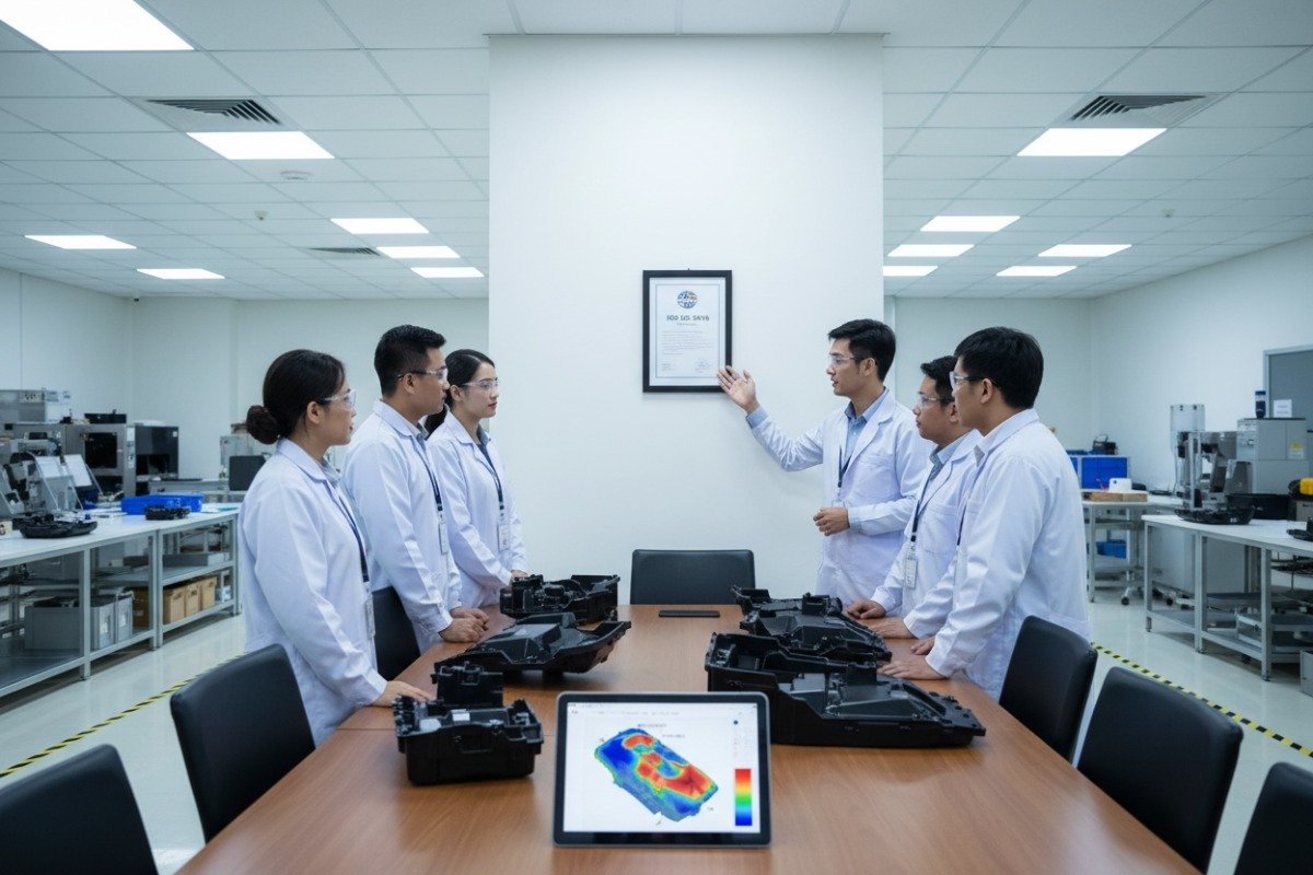 Equipo de fabricación certificado discutiendo las normas ISO y los factores de calidad para la evaluación de prototipos de moldeo (ID#2)