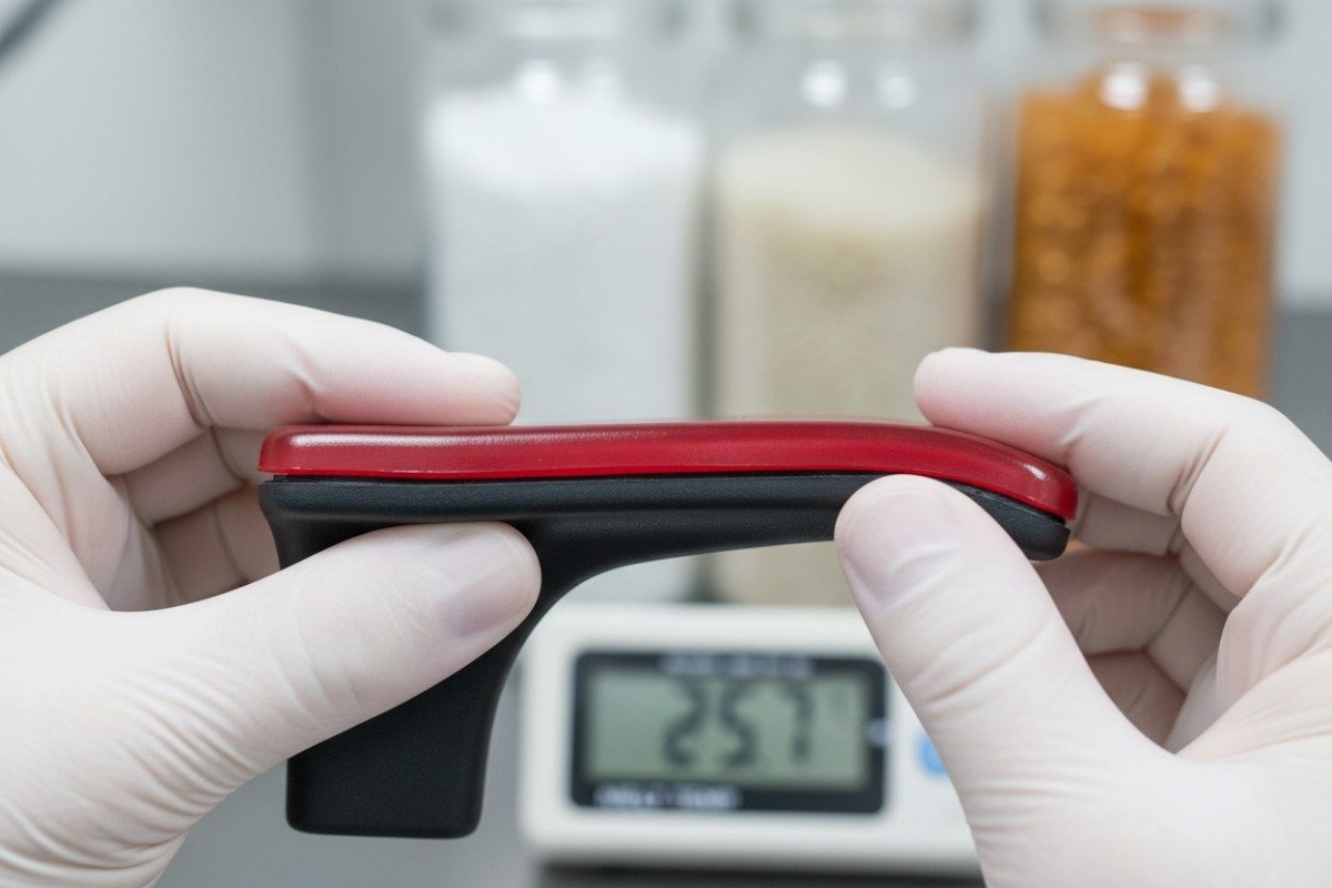 Laboratory technician testing chemical adhesion and material combinations for overmolded plastic parts (ID#2)