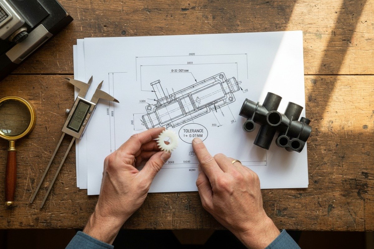 Engineering desk with plastic gears showing achievable tolerances for CNC machined components (ID#2)