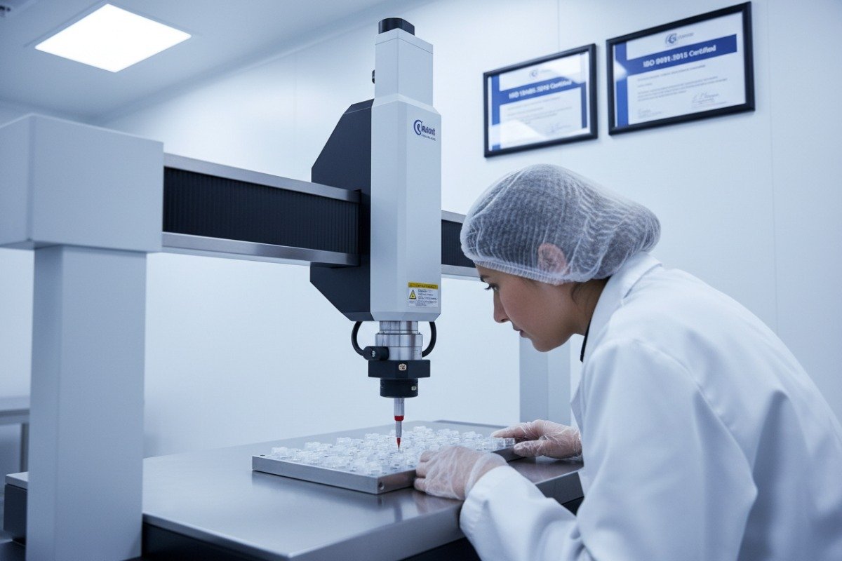 Precision CMM measuring equipment verifying quality standards and ISO certifications for plastic parts (ID#2)